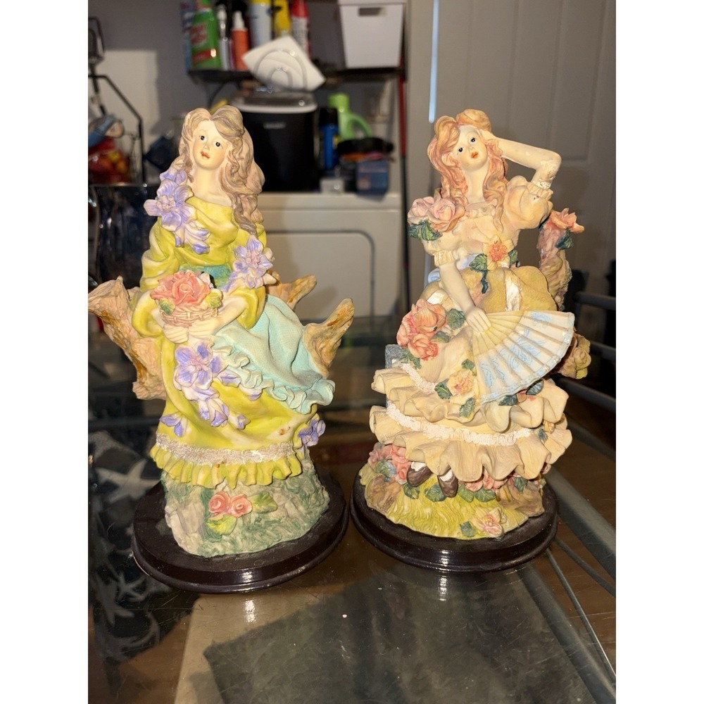 Vintage Victorian Style Lady Figurines Set 2pc Floral Dress Statue Decor 8"